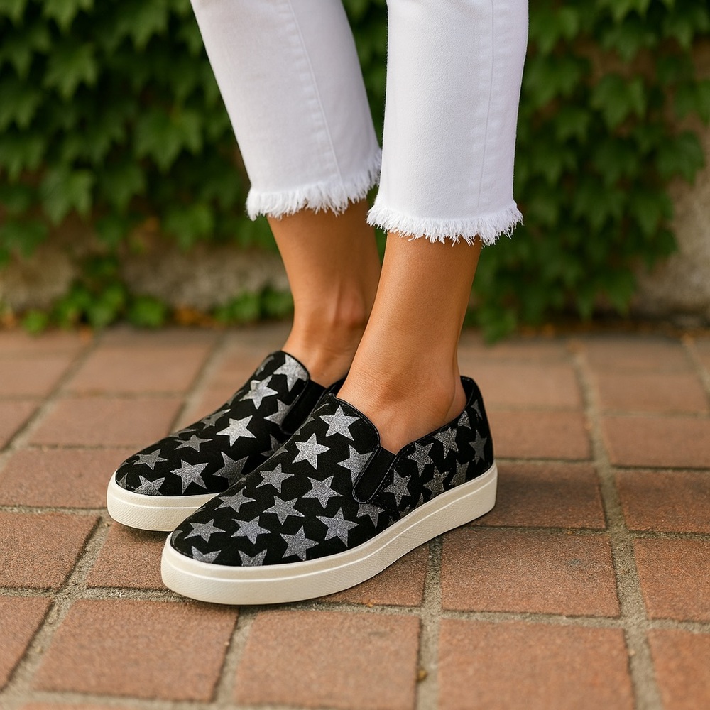 VANELI SPORT Black and Silver Microsuede Starred Slip-On Sneakers, 9M